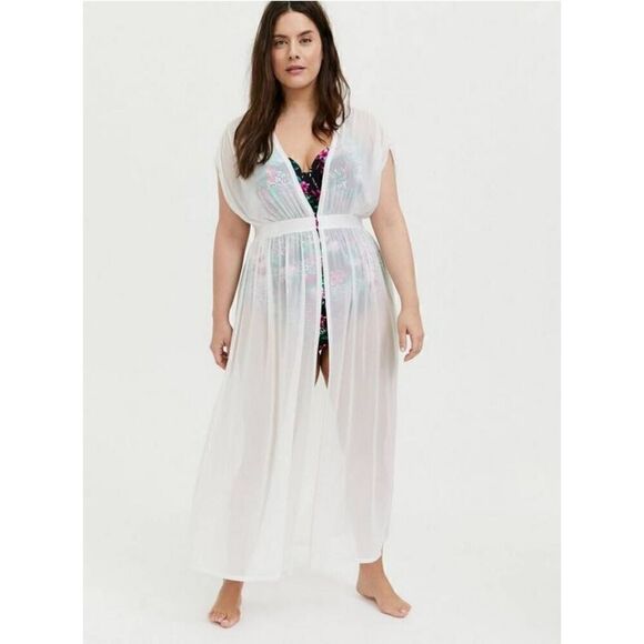Torrid Swimsuit Coverup Kimono Womens Plus 5X Mesh Maxi Ivory White Beach Swim - Picture 1 of 4